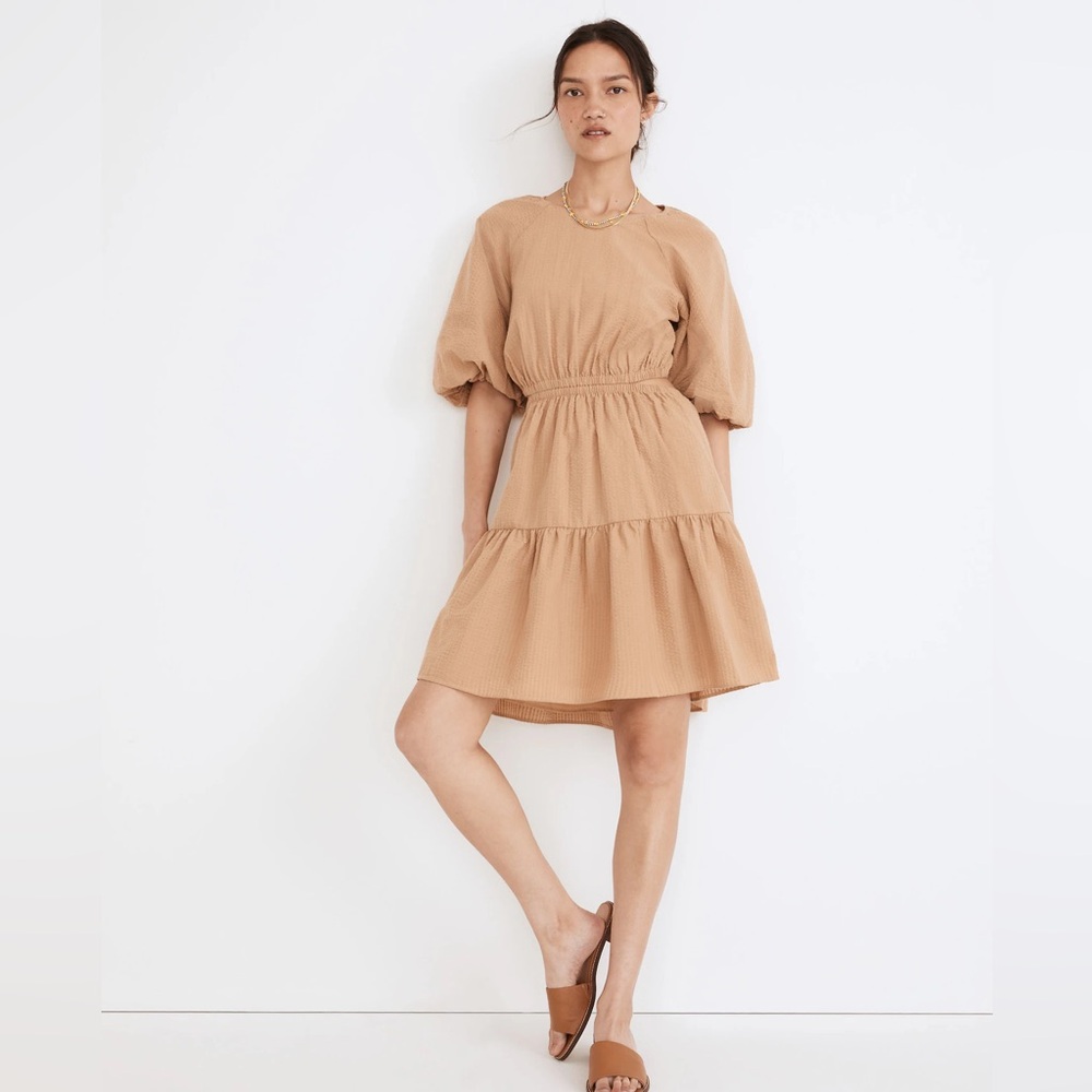 Madewell Seersucker Puff-Sleeve Cutout Mini Dress